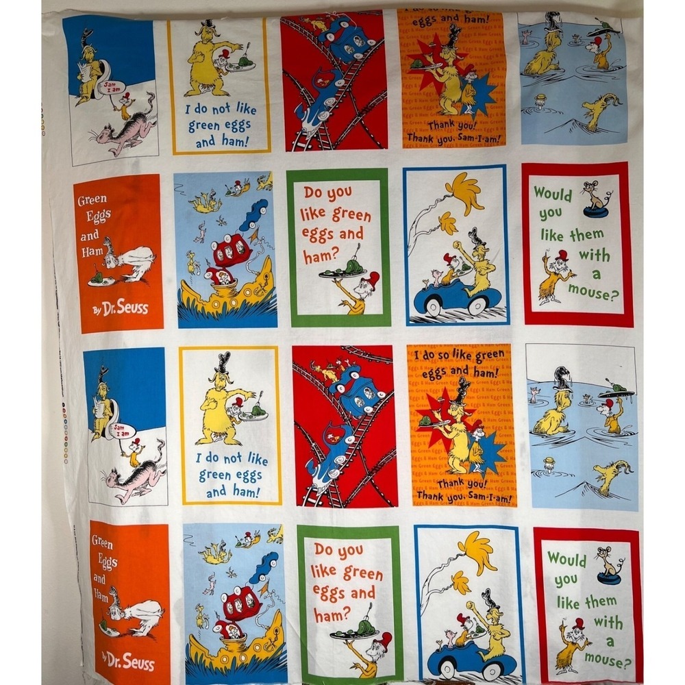 Fabric RARE Dr Seuss Green Eggs and Ham Panel By R Kaufman 45 x 42.5 Wide Washed